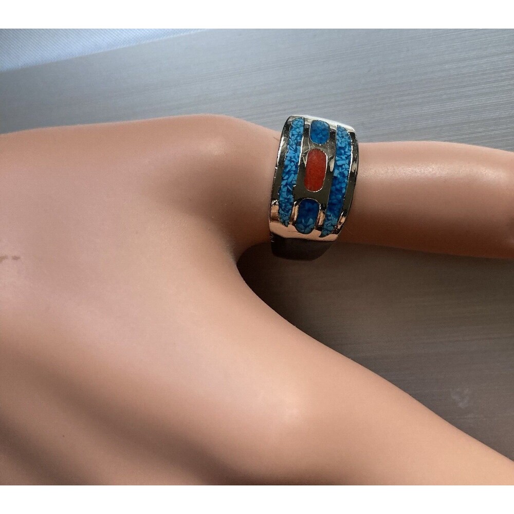 925 Silver  Inlaid CORAL & TURQUOISE Band Ring Size 8.25 10 grams